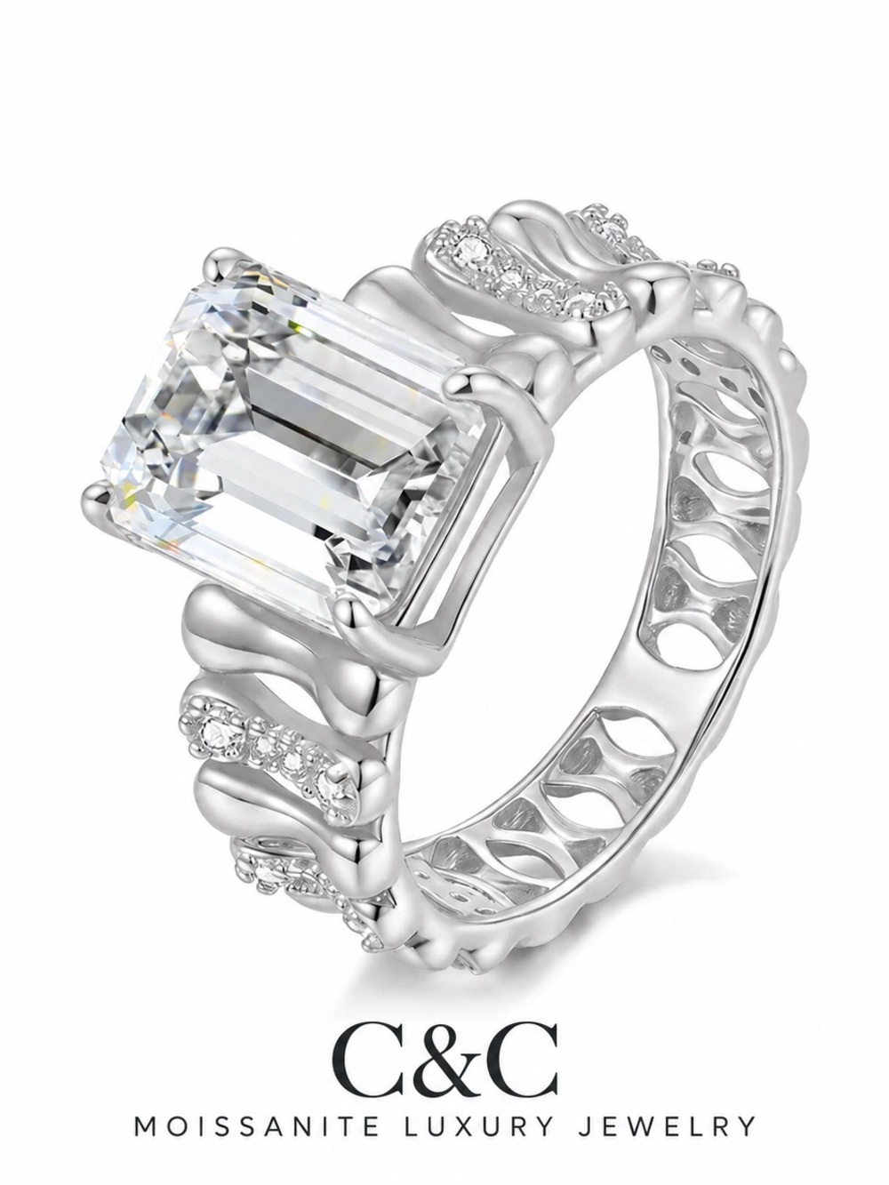 C.C Silver Emerald-Cut Moissanite Ring - White